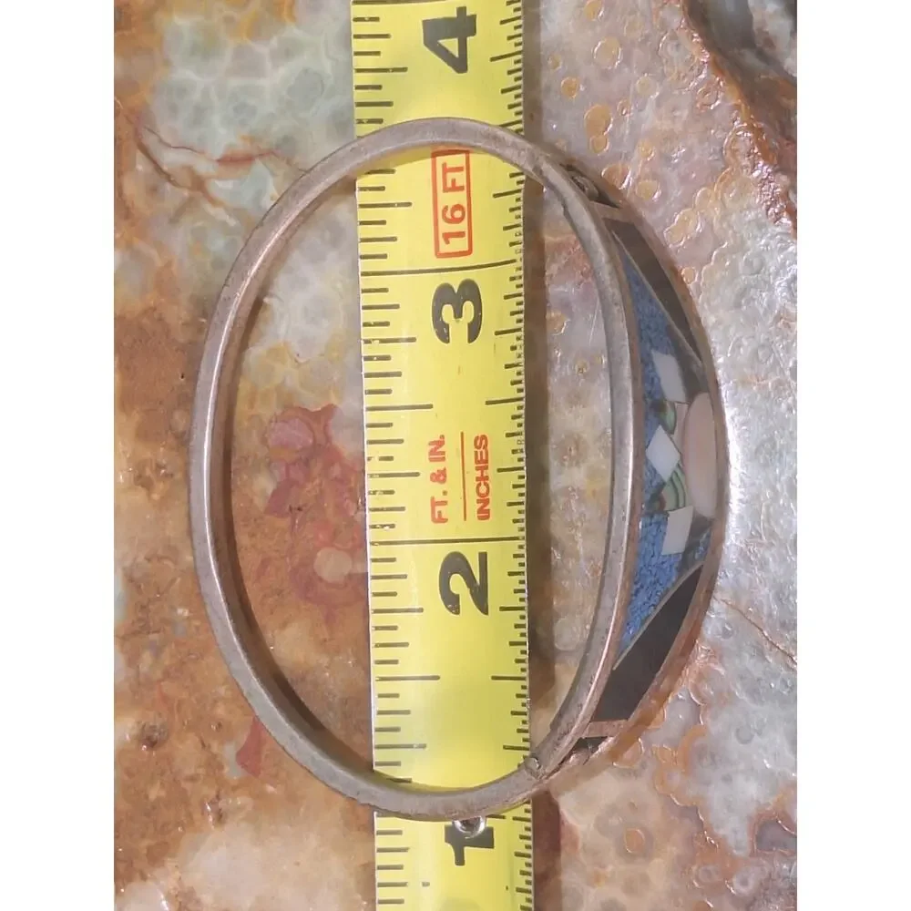 Vintage 925 Sterling Silver Southwestern Inlay Hinged Bangle Bracelet- As Found!